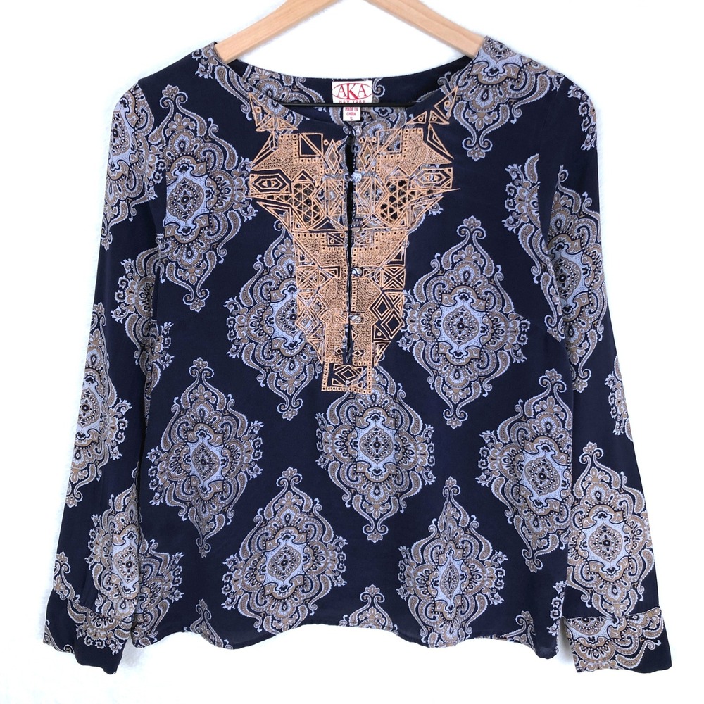 AKA New York 100% Silk Embroidered Lace Paisley Blouse Sz S Navy Bohemian L/S